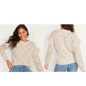 Old Navy Ruffle Trim Metallic Pointelle Knit Sweater Women L